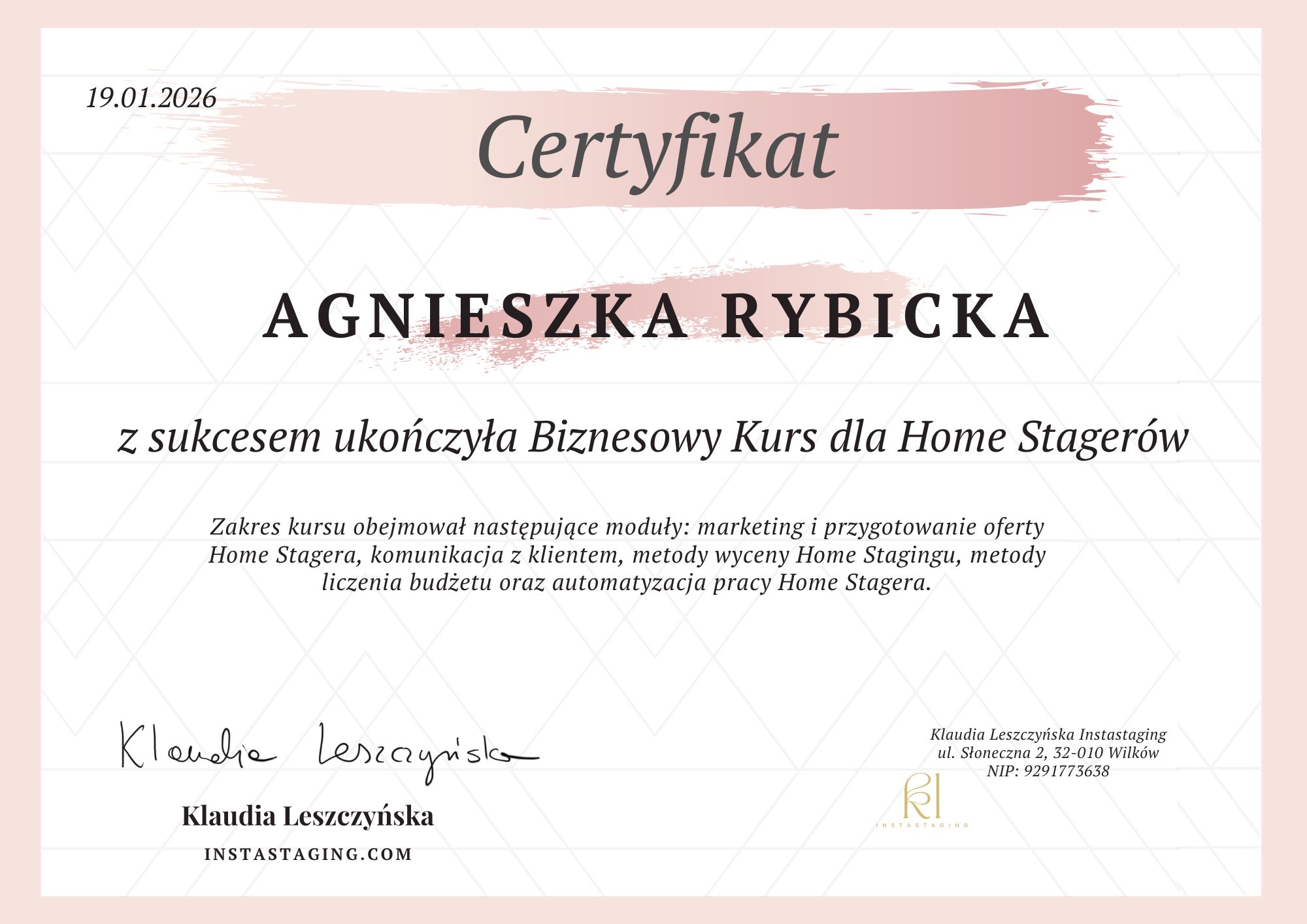 Certyfikat Biznesowy dla Home Stagerów